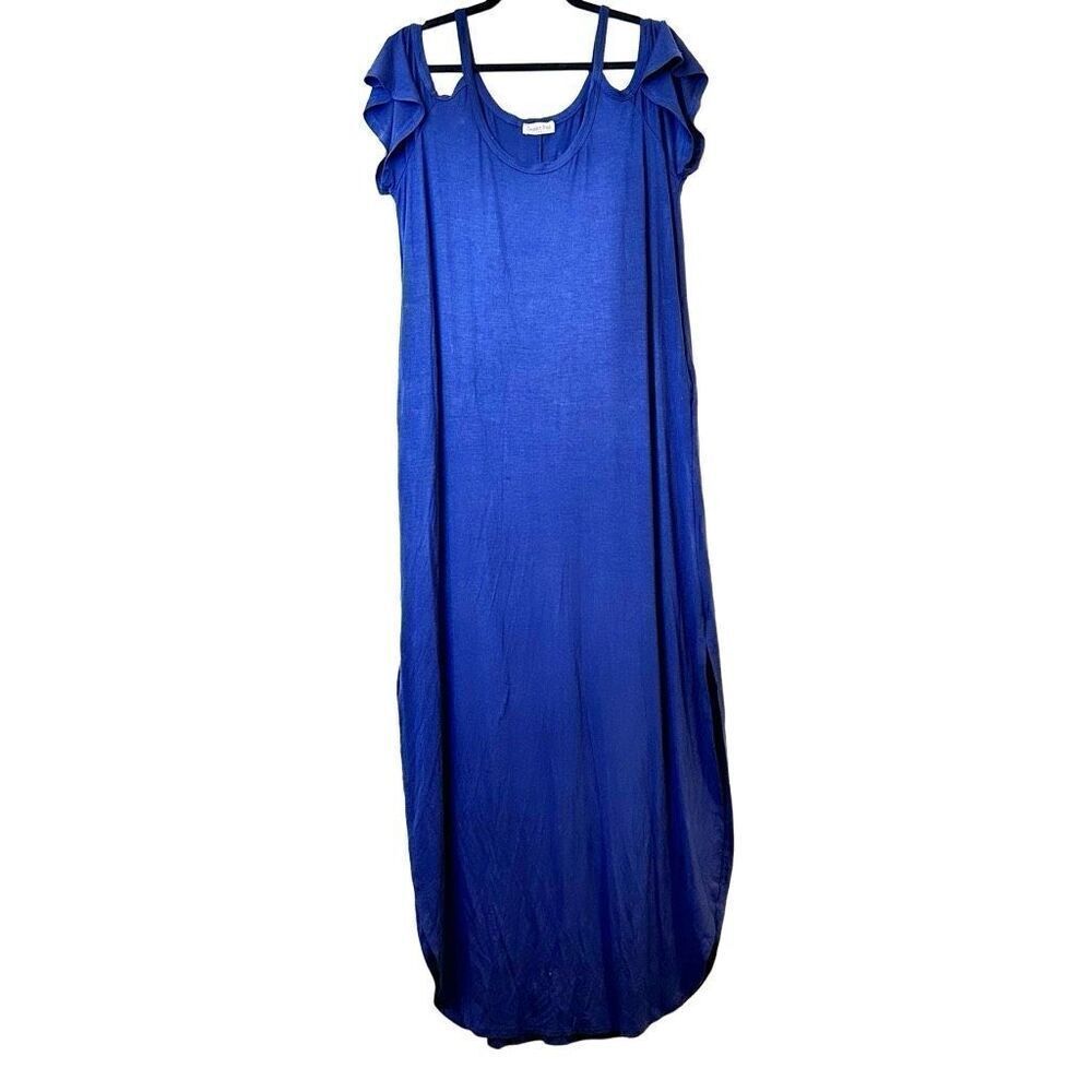 Sweet Pea Scoop Neck Cold Shoulder Jersey Stretch T-Shirt Maxi Dress Blue Large
